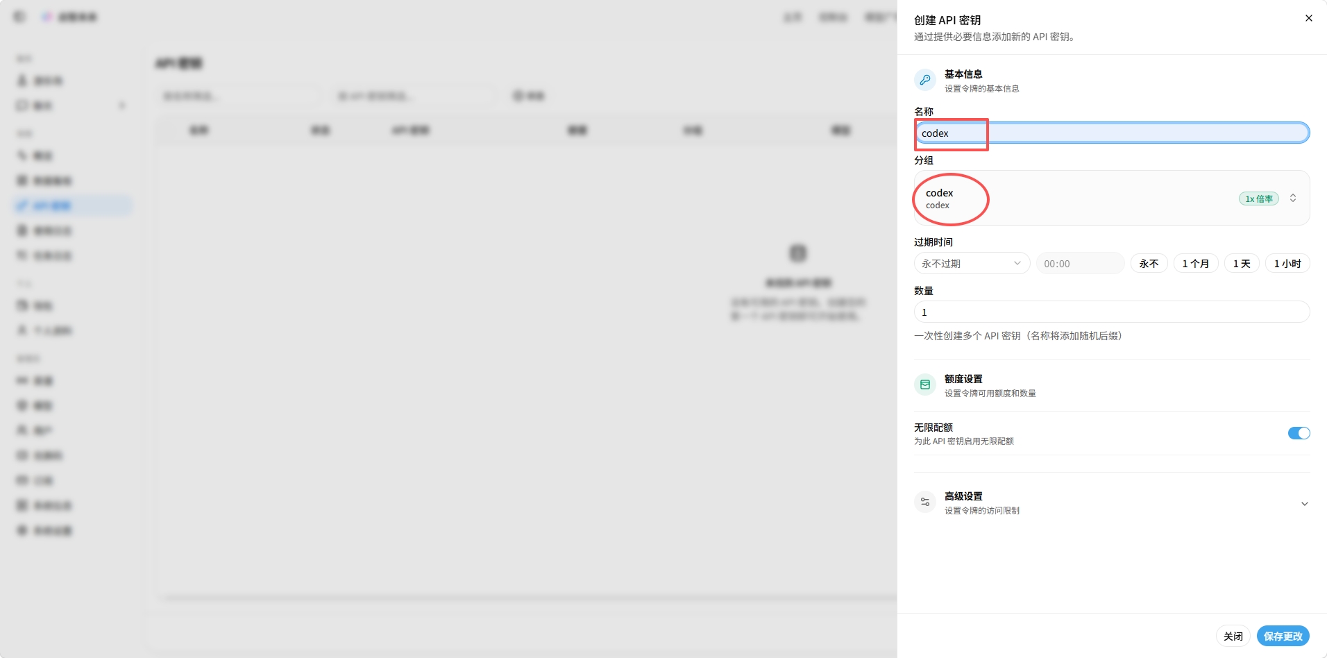 创建 API 密钥面板，名称和分组填写为 codex