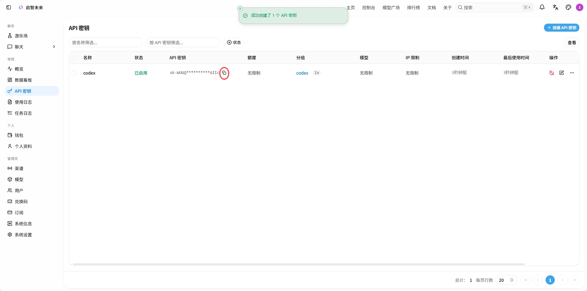 API 密钥列表显示 codex 已启用并带有复制按钮